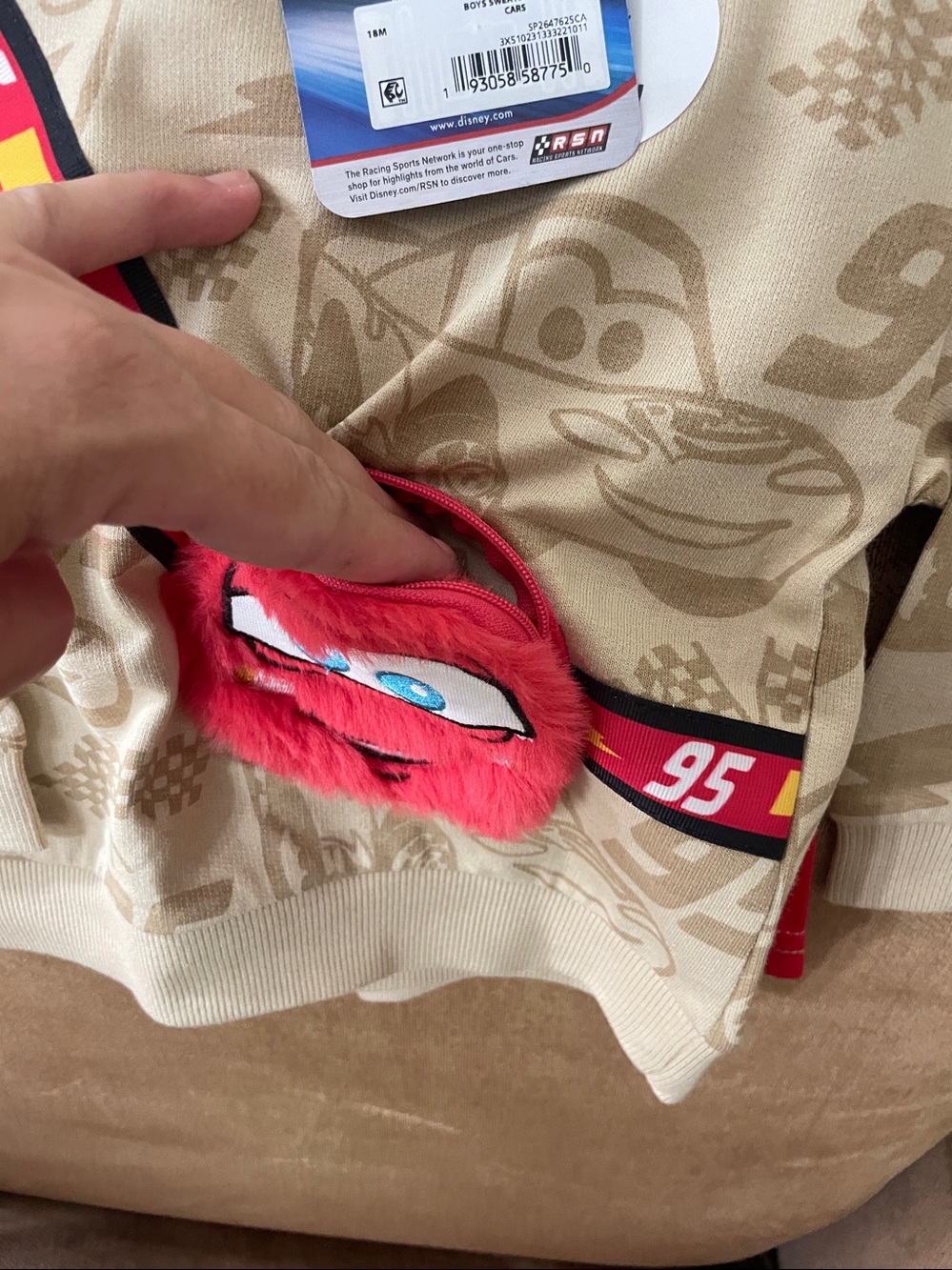Disney Cars Beige Hoodie with Red Lightning McQueen Pouch - Picture 2 of 5
